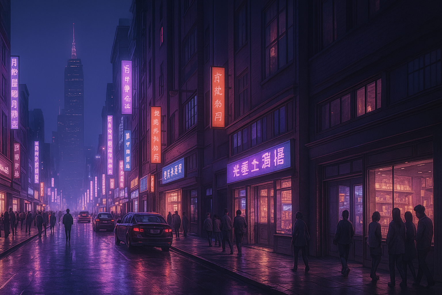 Neon city street at night