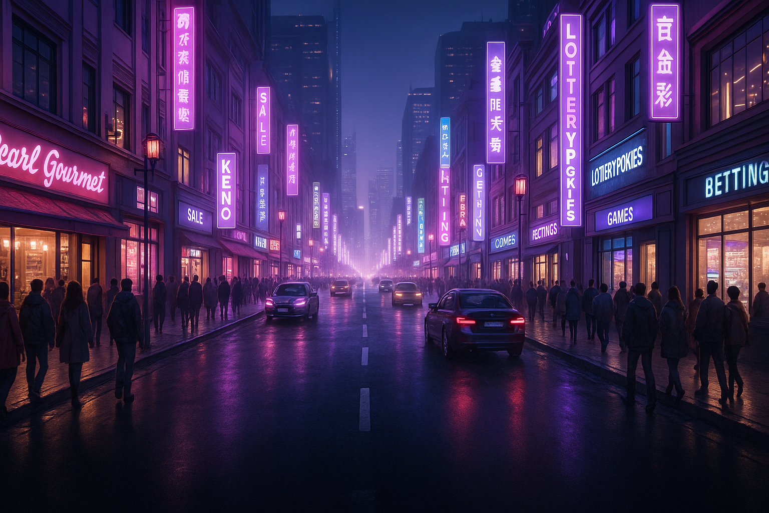 City with neon signs and crowd